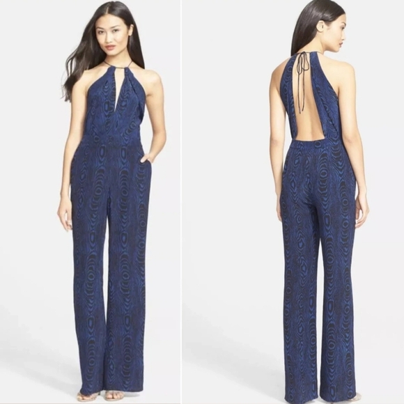 Diane Von Furstenberg Silk Blue Black Silk Swirl Tie V-neck Jumpsuit Size 6 - Picture 6 of 16